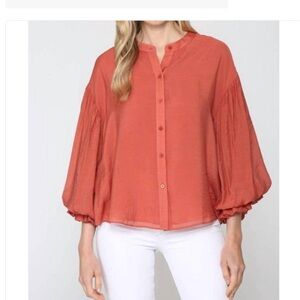 Fate 3/4 Puff Sleeve Woven Button Front Blouse in Terra Cotta size small